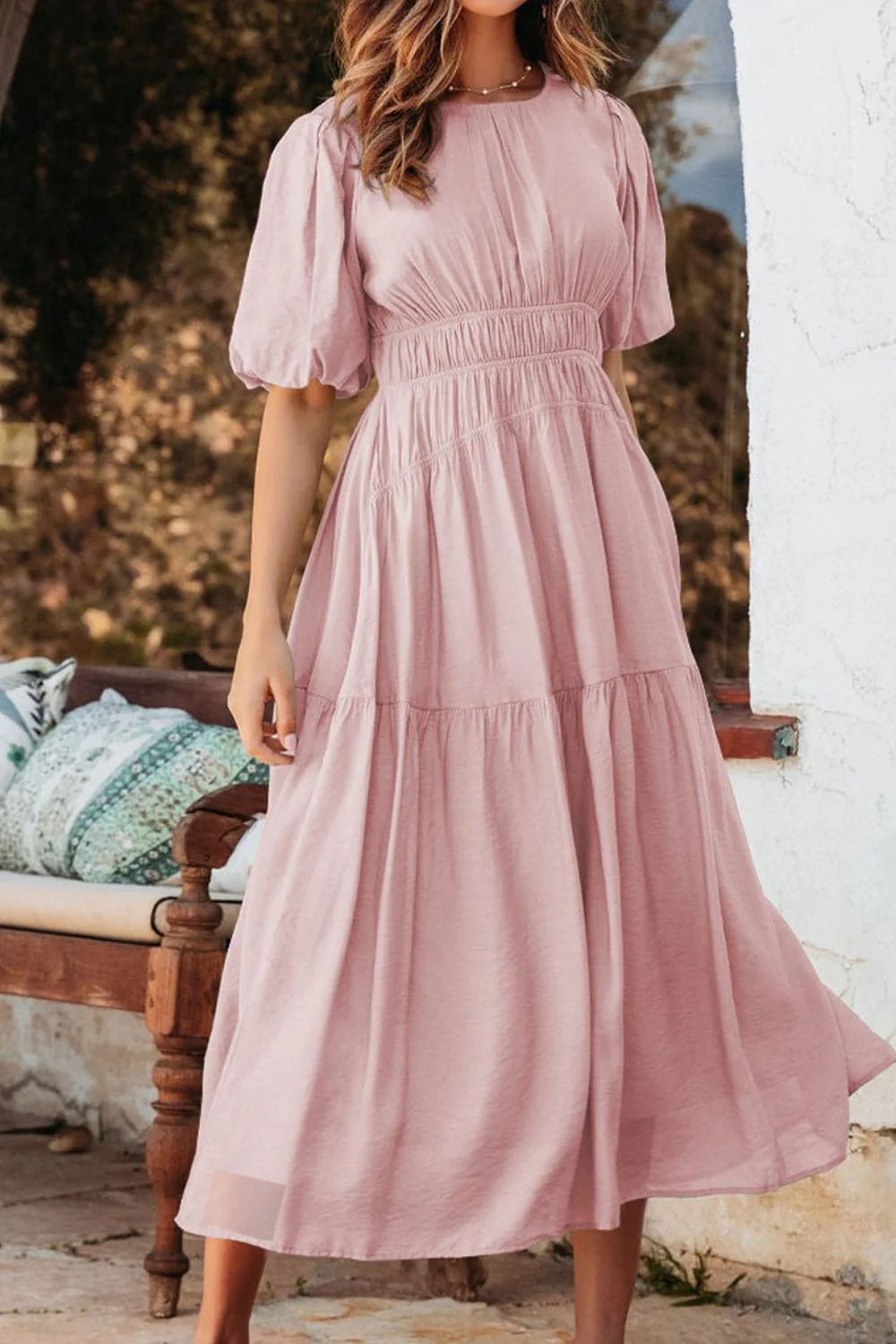 Puff Sleeve Pleated High Waist Flowy Midi Dress - Image 3
