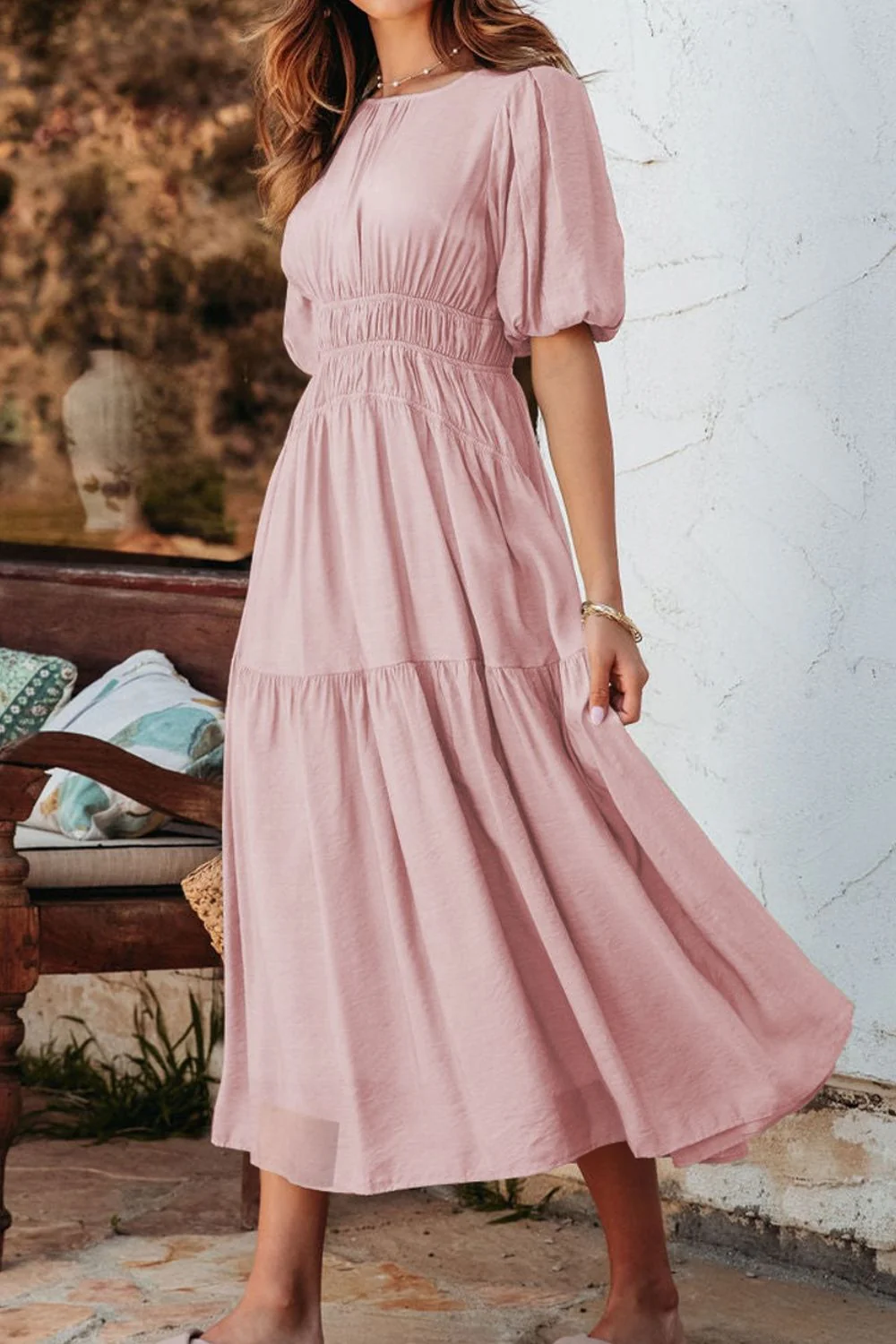 Puff Sleeve Pleated High Waist Flowy Midi Dress - Image 5