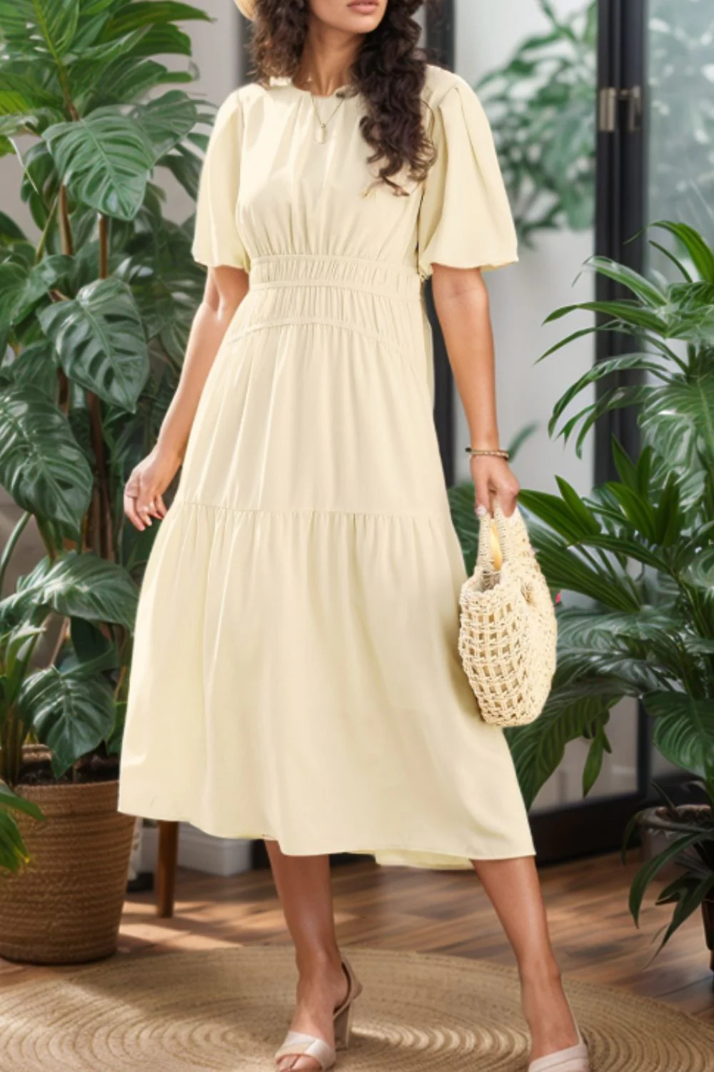 Puff Sleeve Pleated High Waist Flowy Midi Dress - Image 6
