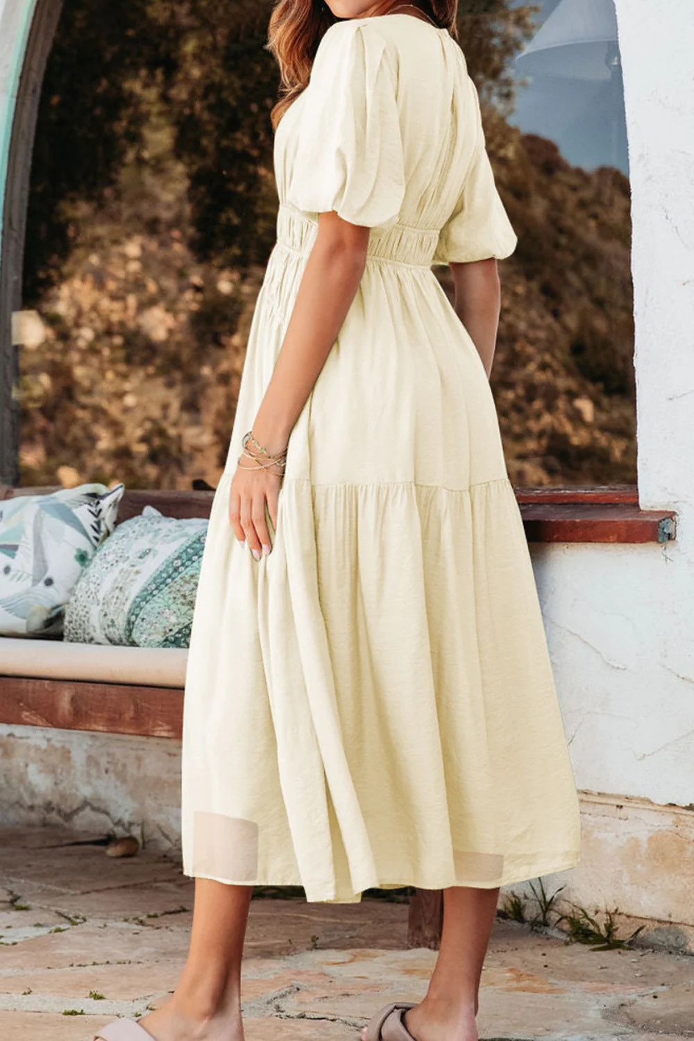 Puff Sleeve Pleated High Waist Flowy Midi Dress - Image 8