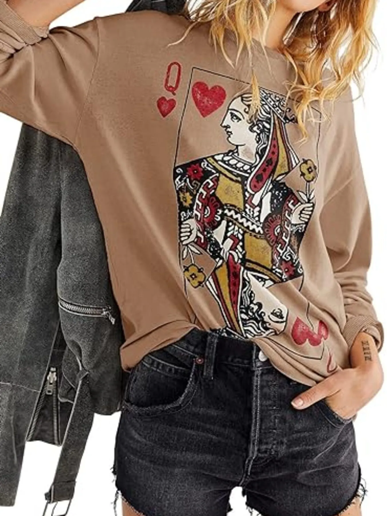 Queen of Hearts Playing Card Graphic Round Neck Sweatshirt - Image 2