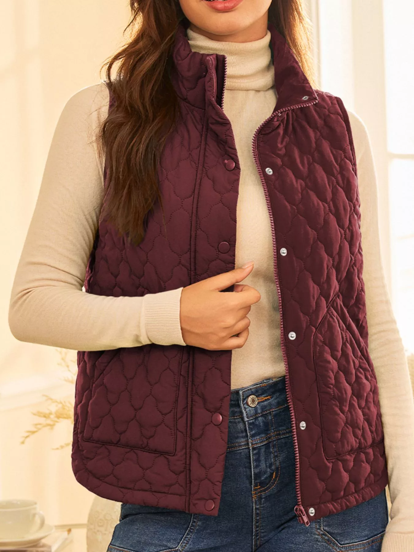 Quilted Snap Down Zip Up Vest Coat - Image 3