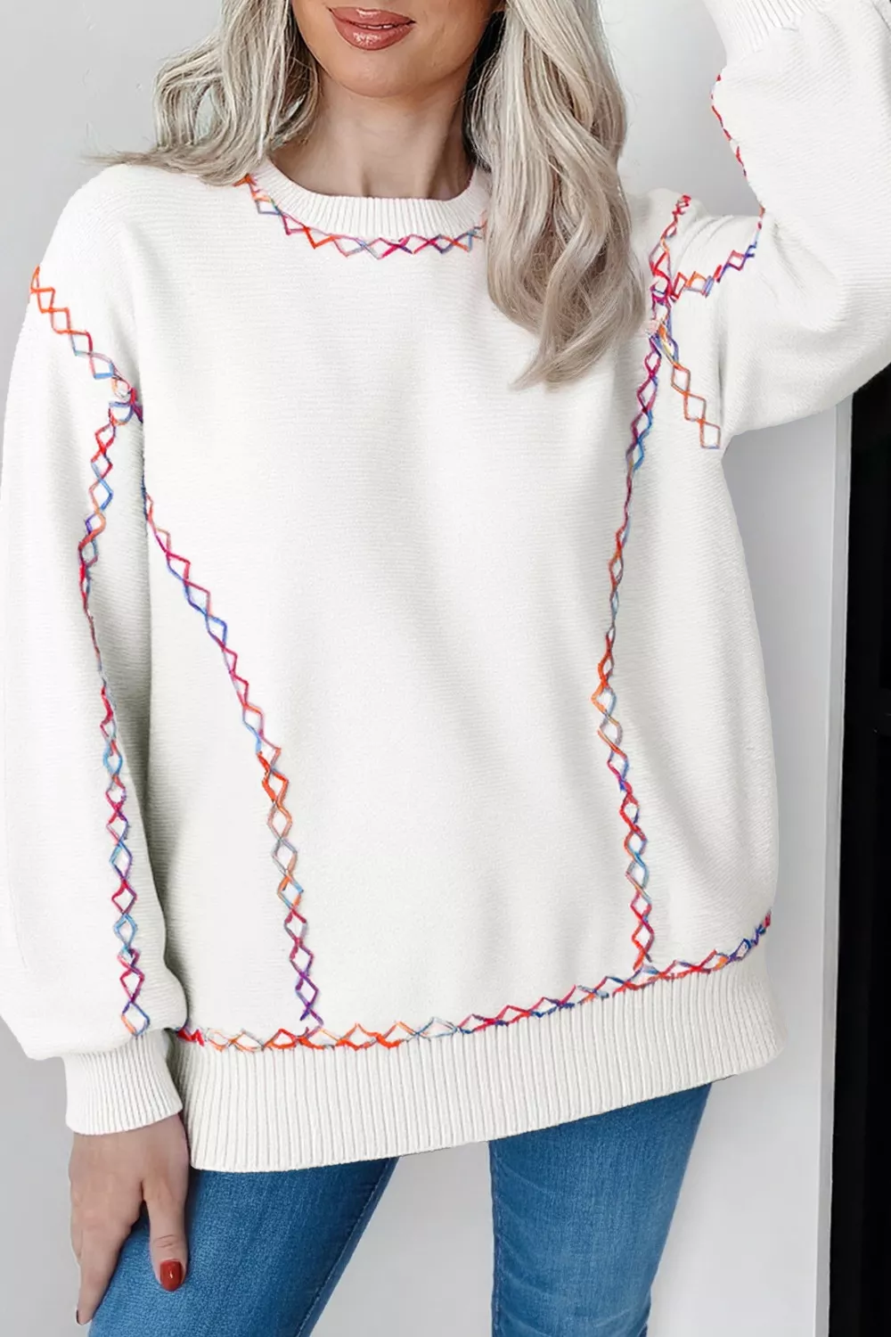 Rainbow Stitching Long Sleeve Relaxed Sweater - Image 4