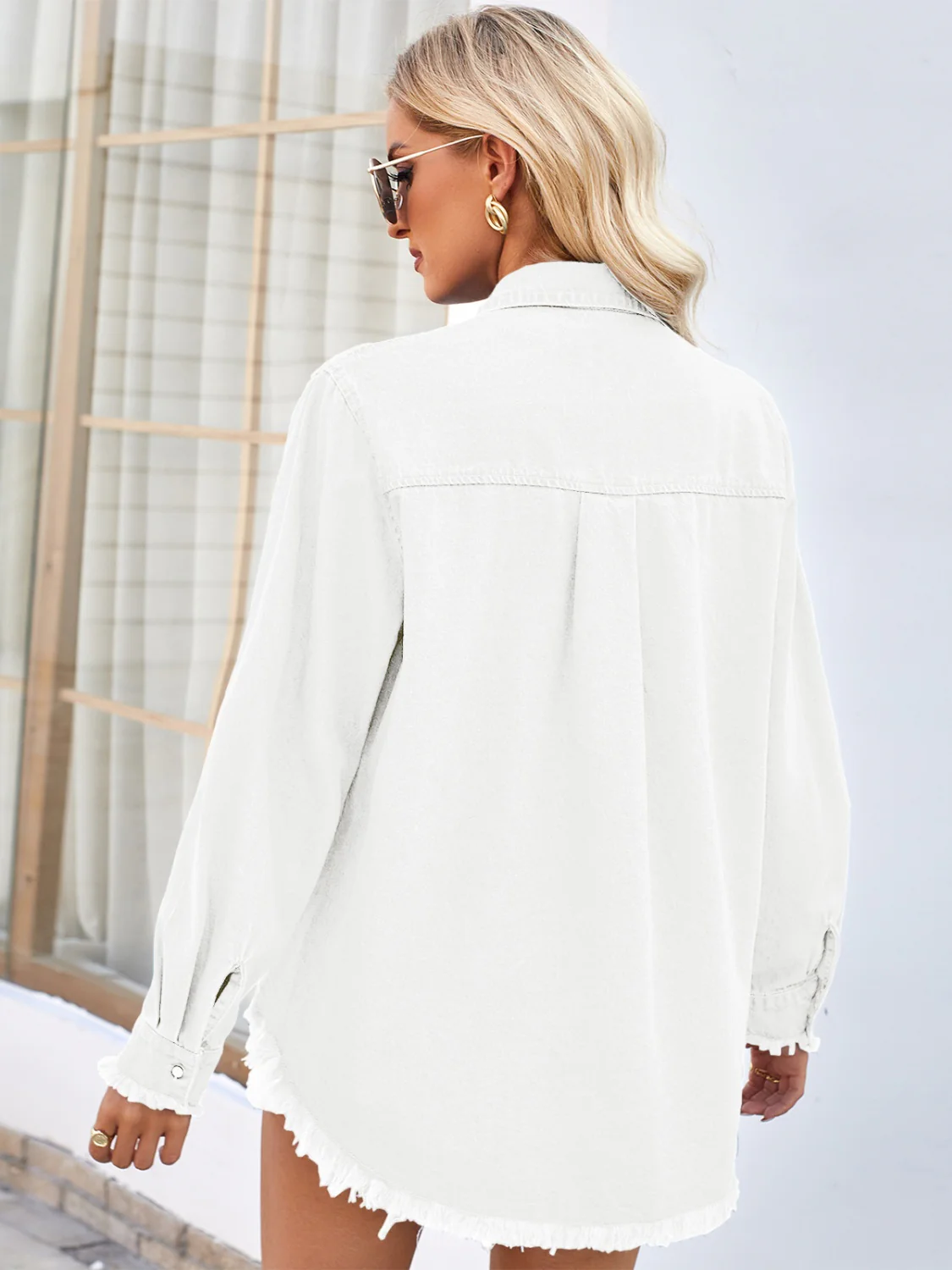 Raw Hem Button Up Long Sleeve Denim Jacket with Sequin Pockets - Image 13