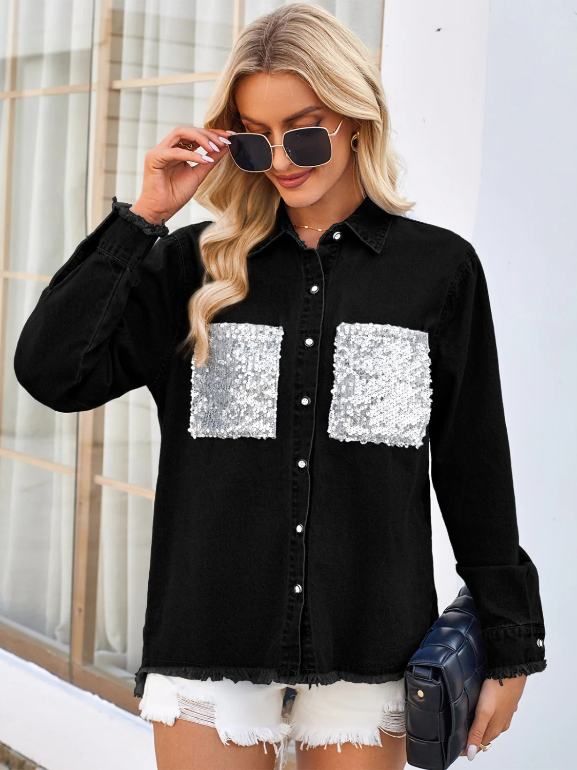Raw Hem Button Up Long Sleeve Denim Jacket with Sequin Pockets - Image 2