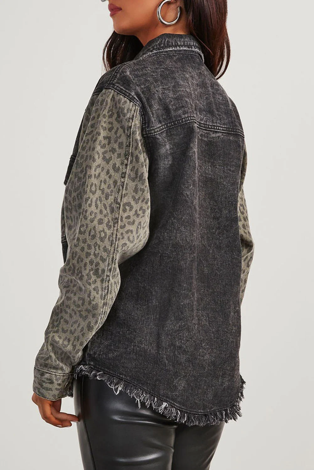 Raw Hem Leopard Snap Down Denim Jacket - Image 4