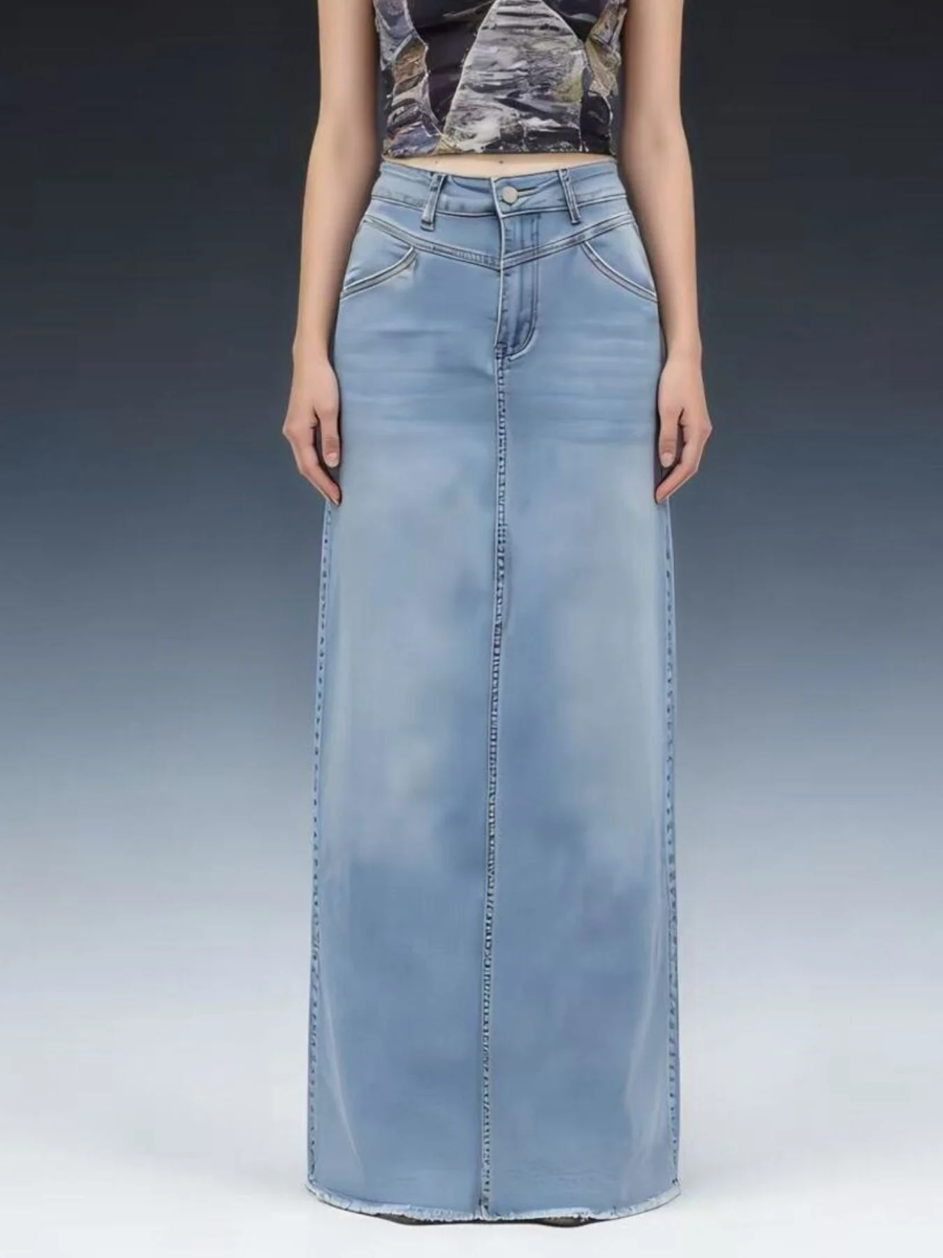 Raw Hem Maxi Denim Skirt - Image 2