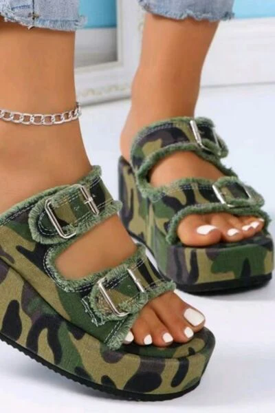 Raw Hem Wedge Buckle Sandals - Image 5