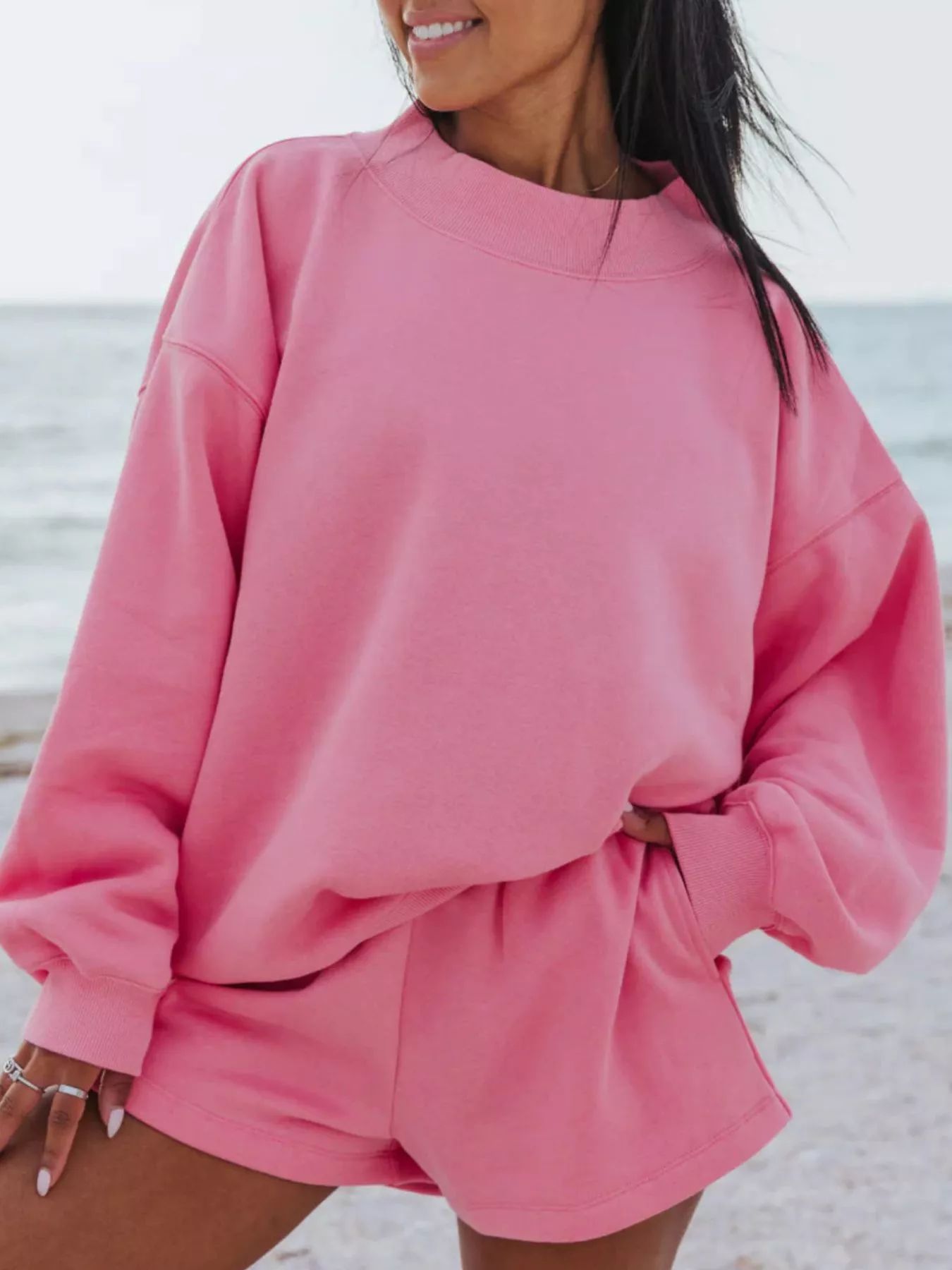 Relaxed Fit Round Neck Sweatshirt and Shorts Set - Image 4