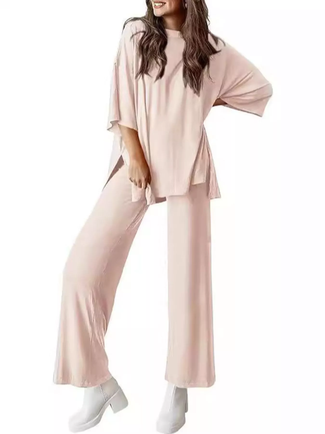 Relaxed Fit Round Neck Top and Pants Two-Piece Set - Image 4