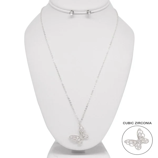 RHINESTONE BUTTERFLY PENDANT NECKLACE EARRING SET - Image 2