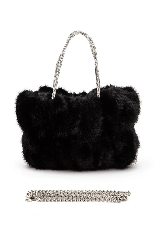 Rhinestone Top Handle Faux Fur Winter Tote Bag - Image 2