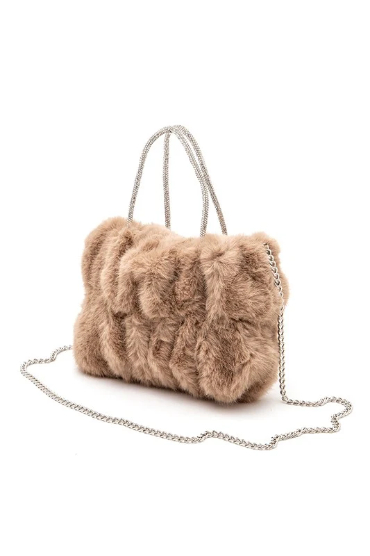 Rhinestone Top Handle Faux Fur Winter Tote Bag - Image 3