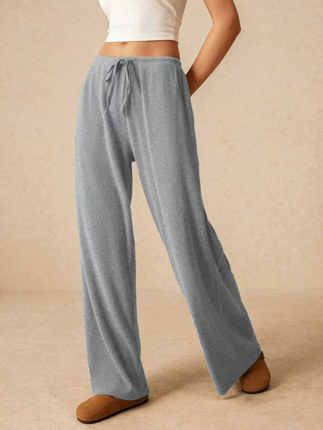 Ribbed Drawstring Wide Leg Pants - Image 7