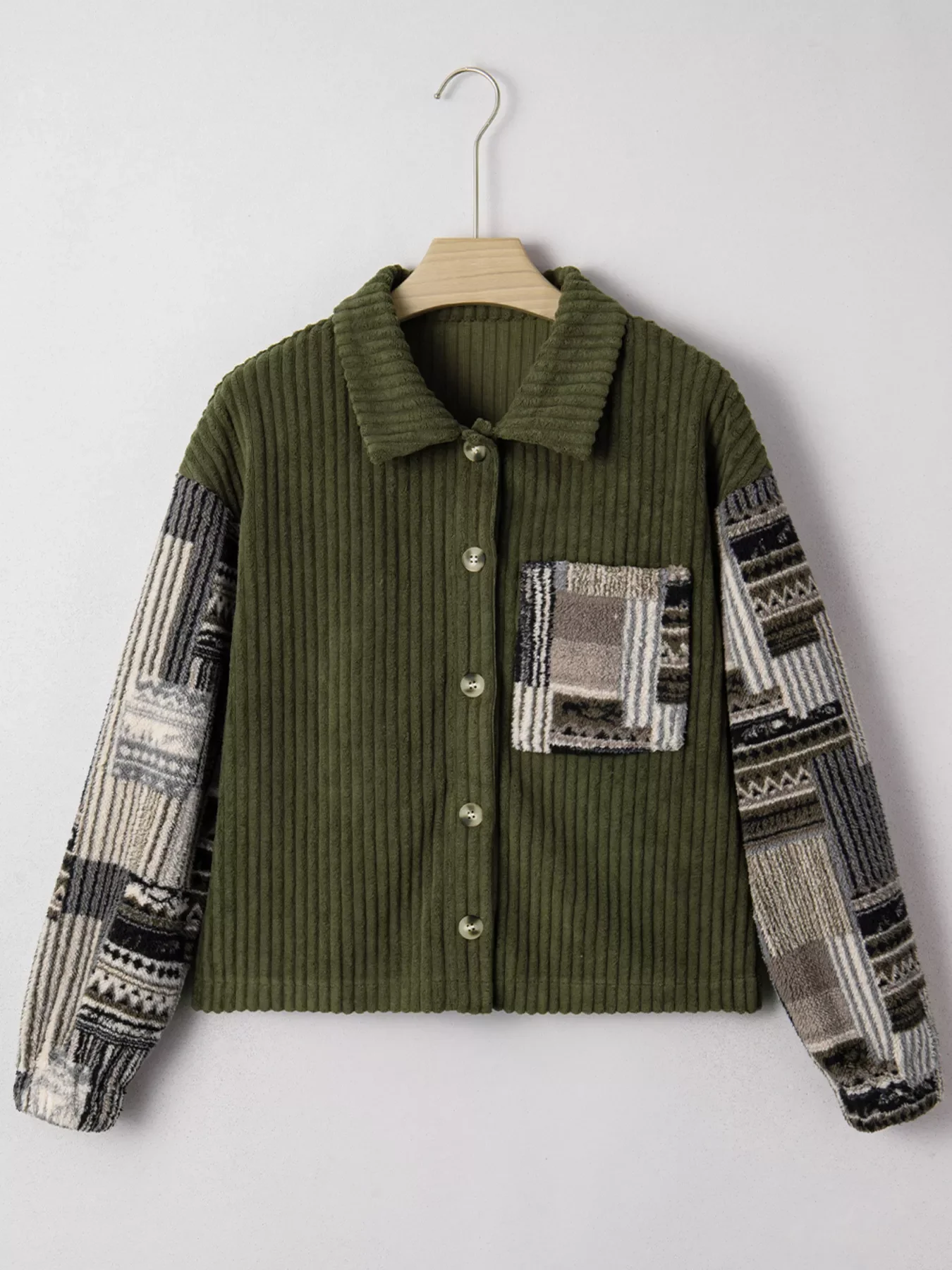 Ribbed Fleece Plaid Print Patchwork Button Up Jacket - Image 2