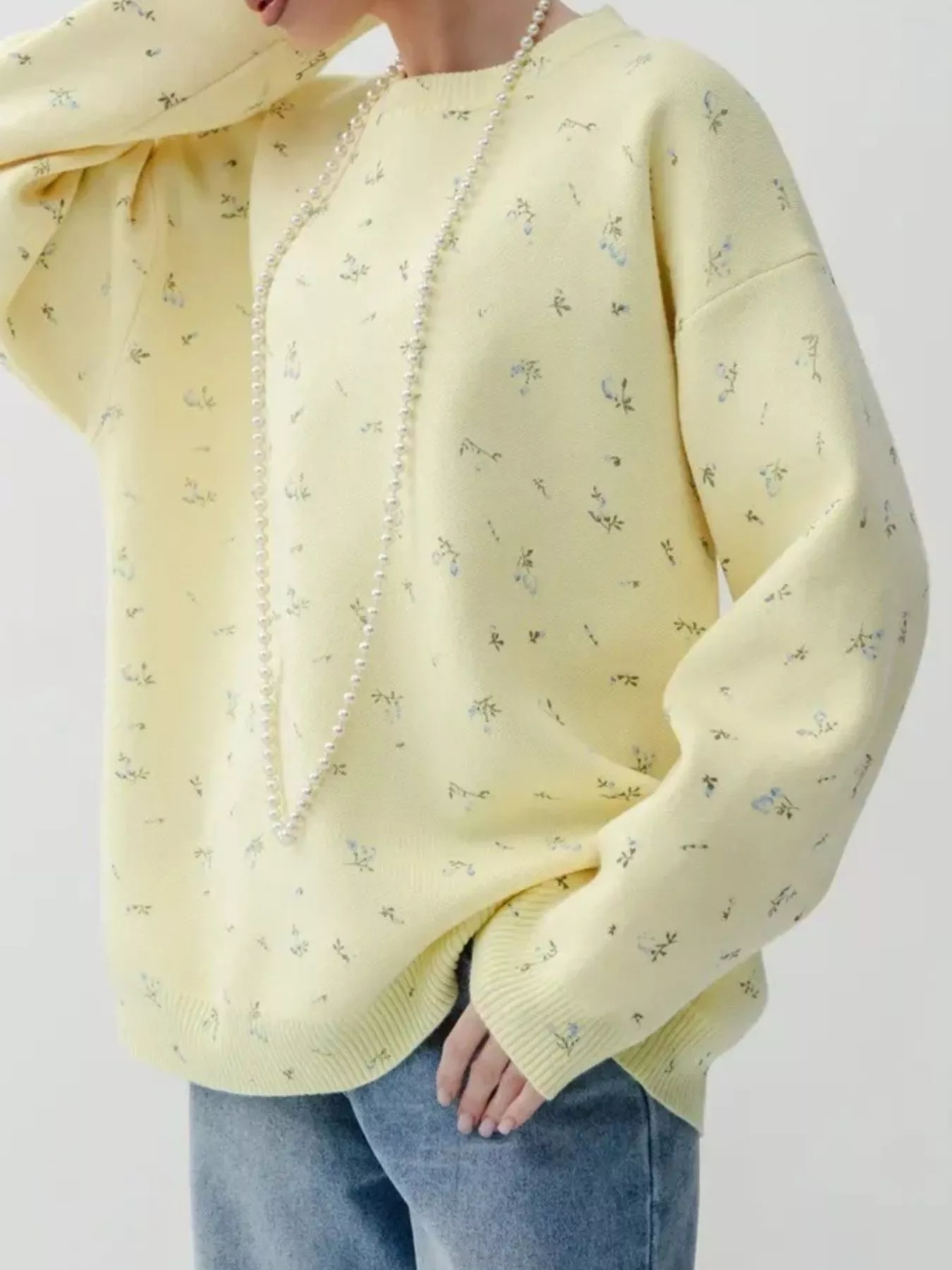 Ribbed Hem Floral Long Sleeve Sweater - Image 7