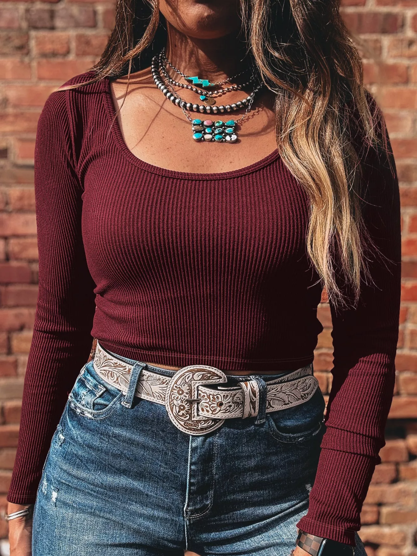 Ribbed Knit Long Sleeve Fitted T-Shirt - Image 2
