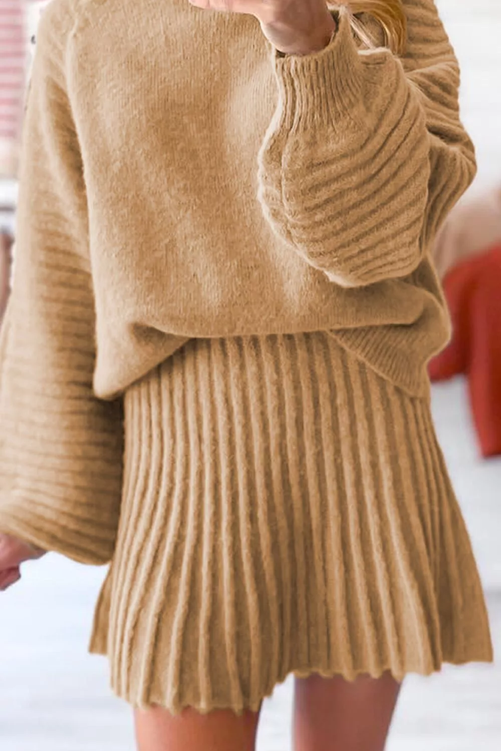 Ribbed Knit Long Sleeve Top and Skirt Sweater Set - Image 2