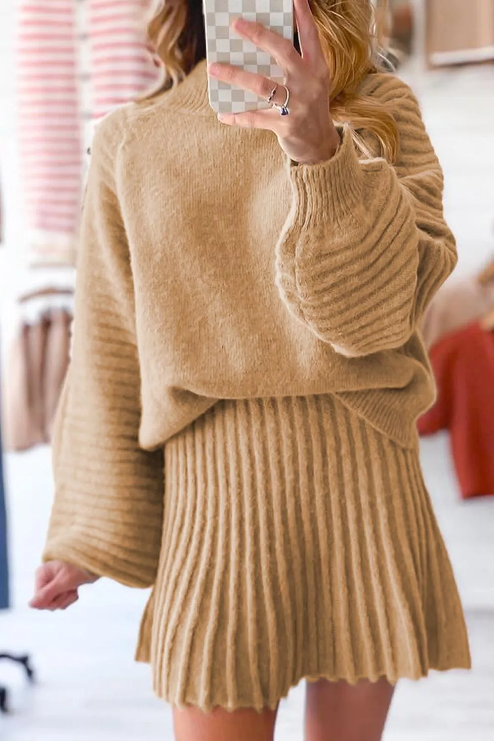 Ribbed Knit Long Sleeve Top and Skirt Sweater Set - Image 3