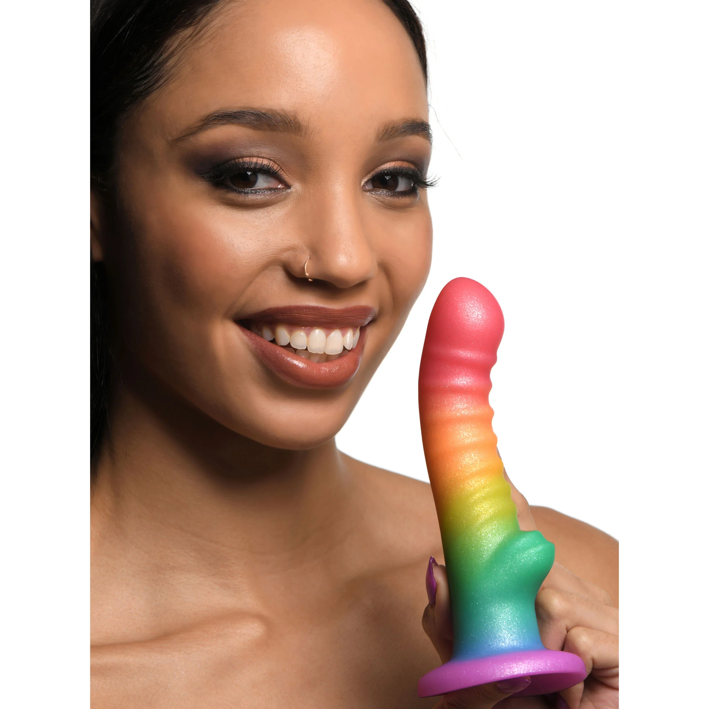 Ribbed Rainbow Silicone Dildo - Image 8