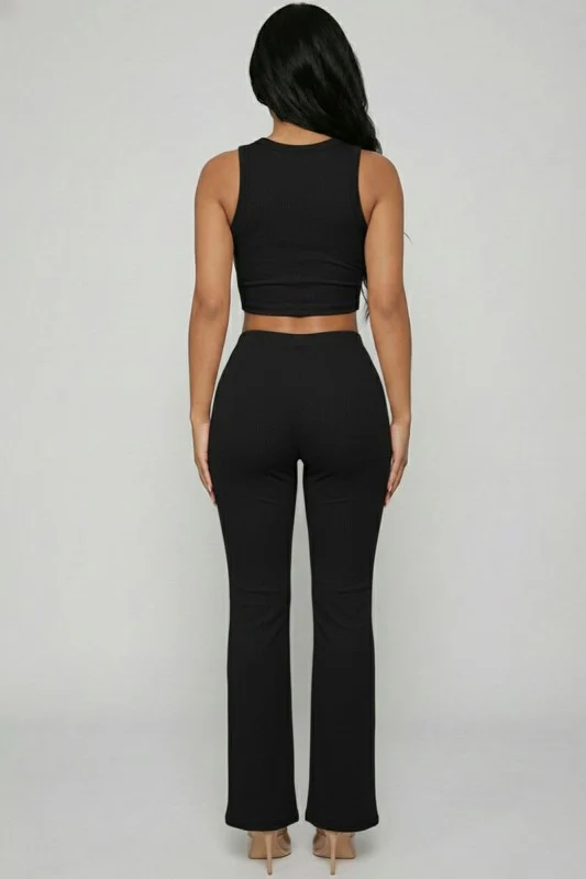 Ribbed Sleeveless Crop Top & Flared Pants Set - Image 3