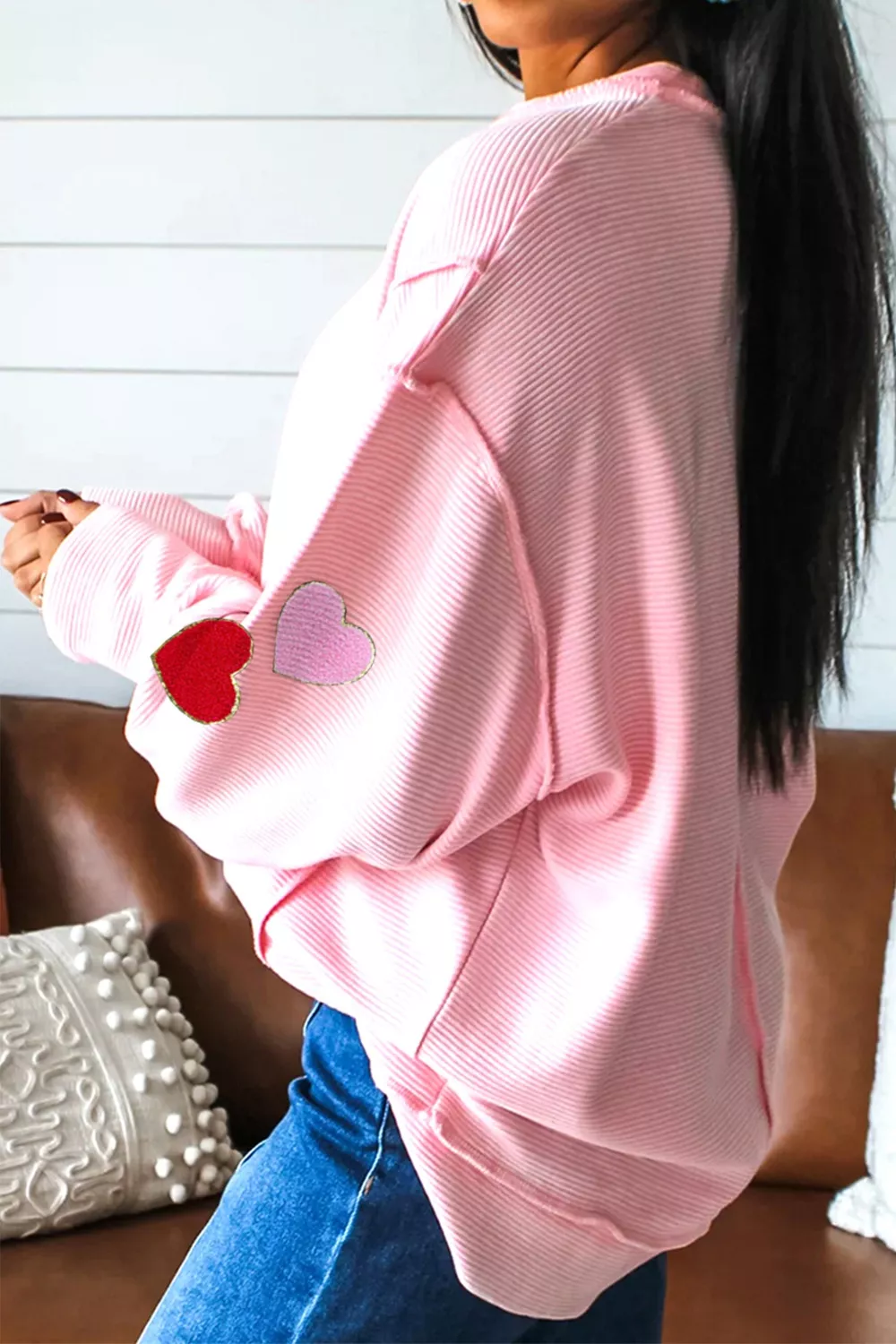 Ribbed Texture Chenille Heart Glitter Trim Patched Long Sleeve Top - Image 2