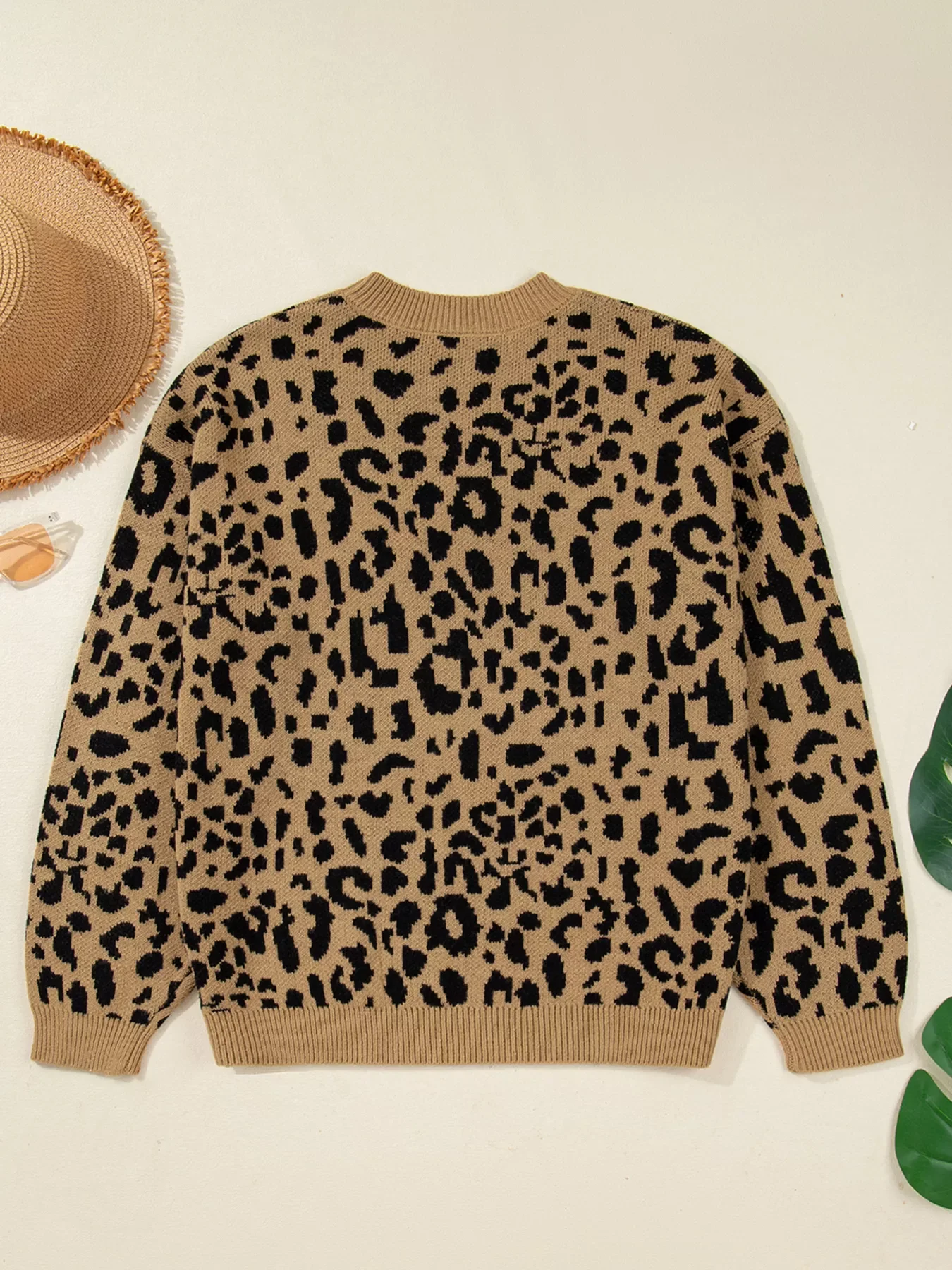 Ribbed Trim Round Neck Leopard Drop Shoulder Sweater - Image 3