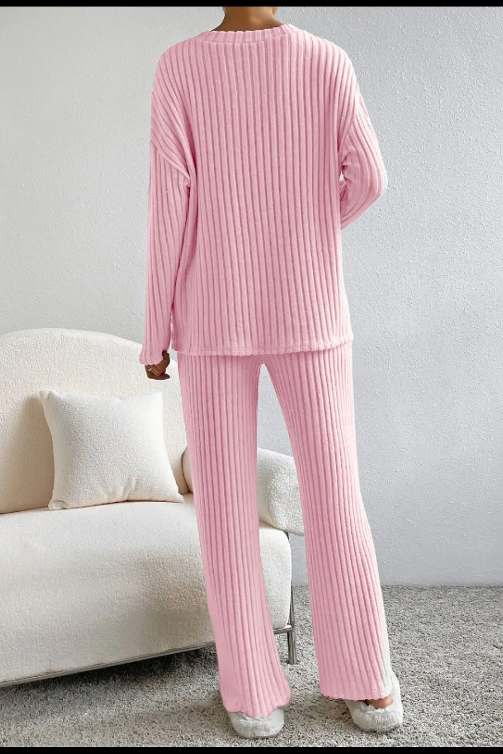 Ribbed V-Neck Top and Pants Lounge Set - Image 4