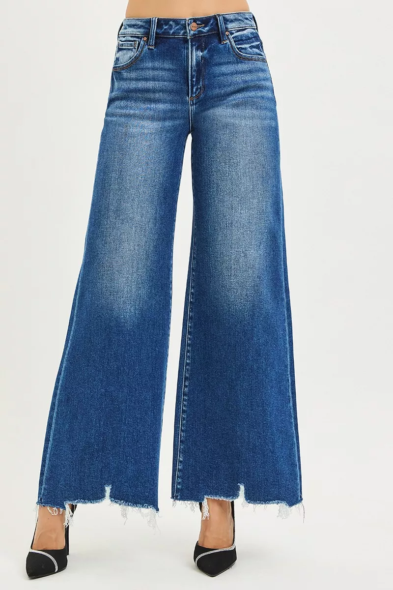 RISEN High Rise Wide Leg Jeans with Distressed Hem - Image 2