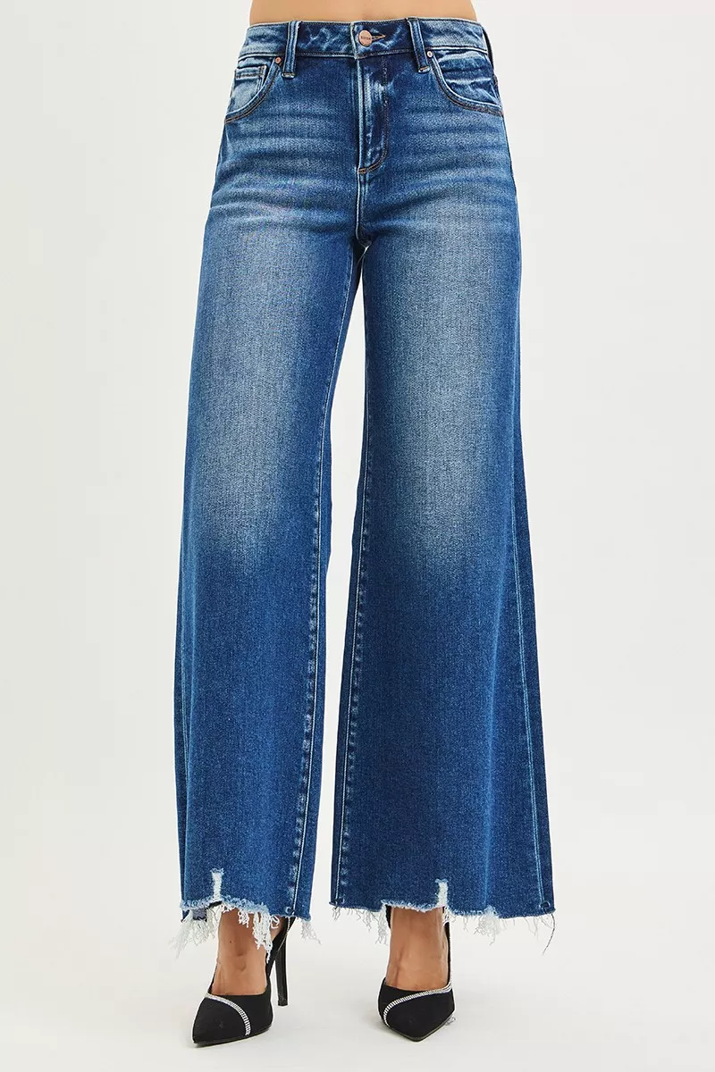 RISEN High Rise Wide Leg Jeans with Distressed Hem - Image 3