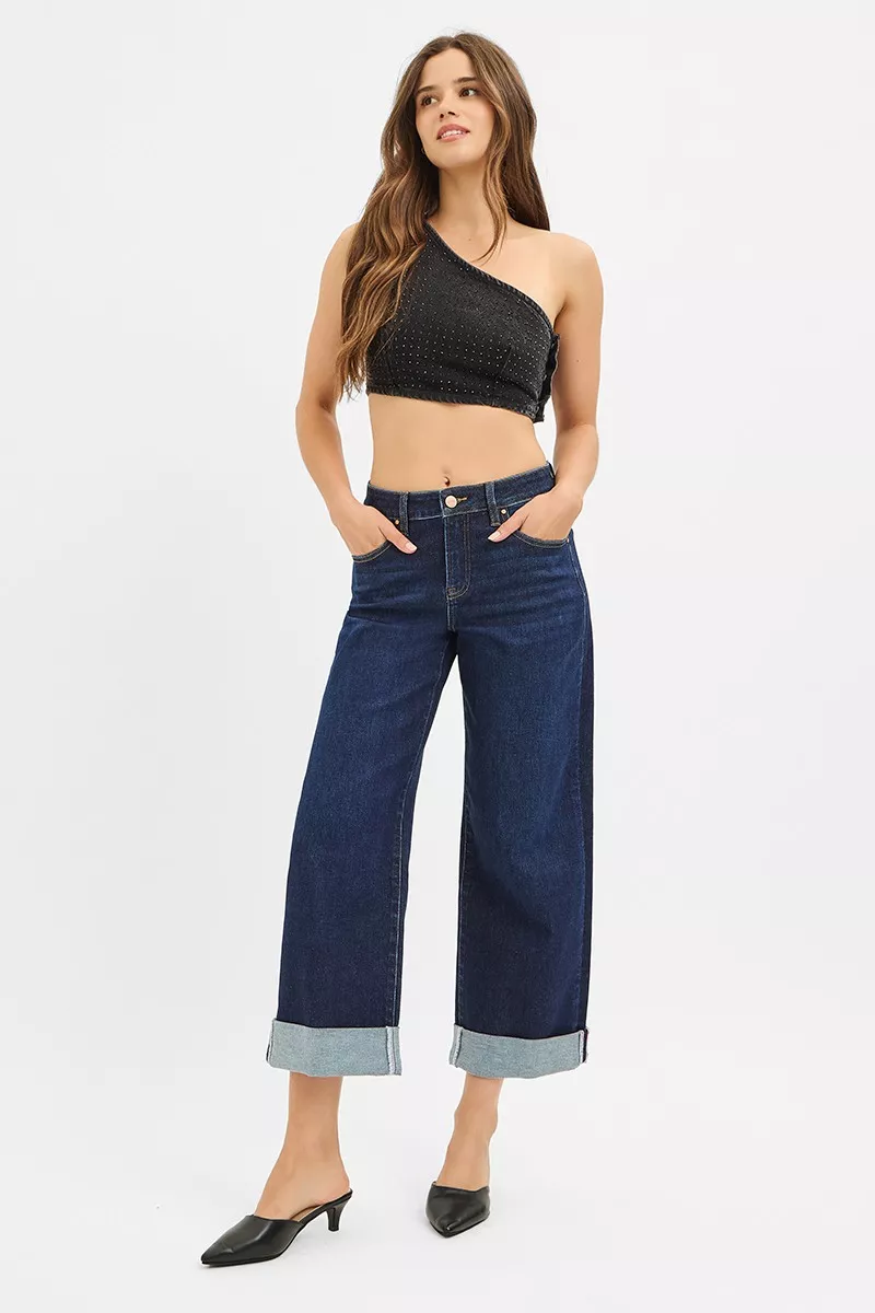 RISEN Mid Rise Fit Ankle Wide Roll Up Jeans - Image 6