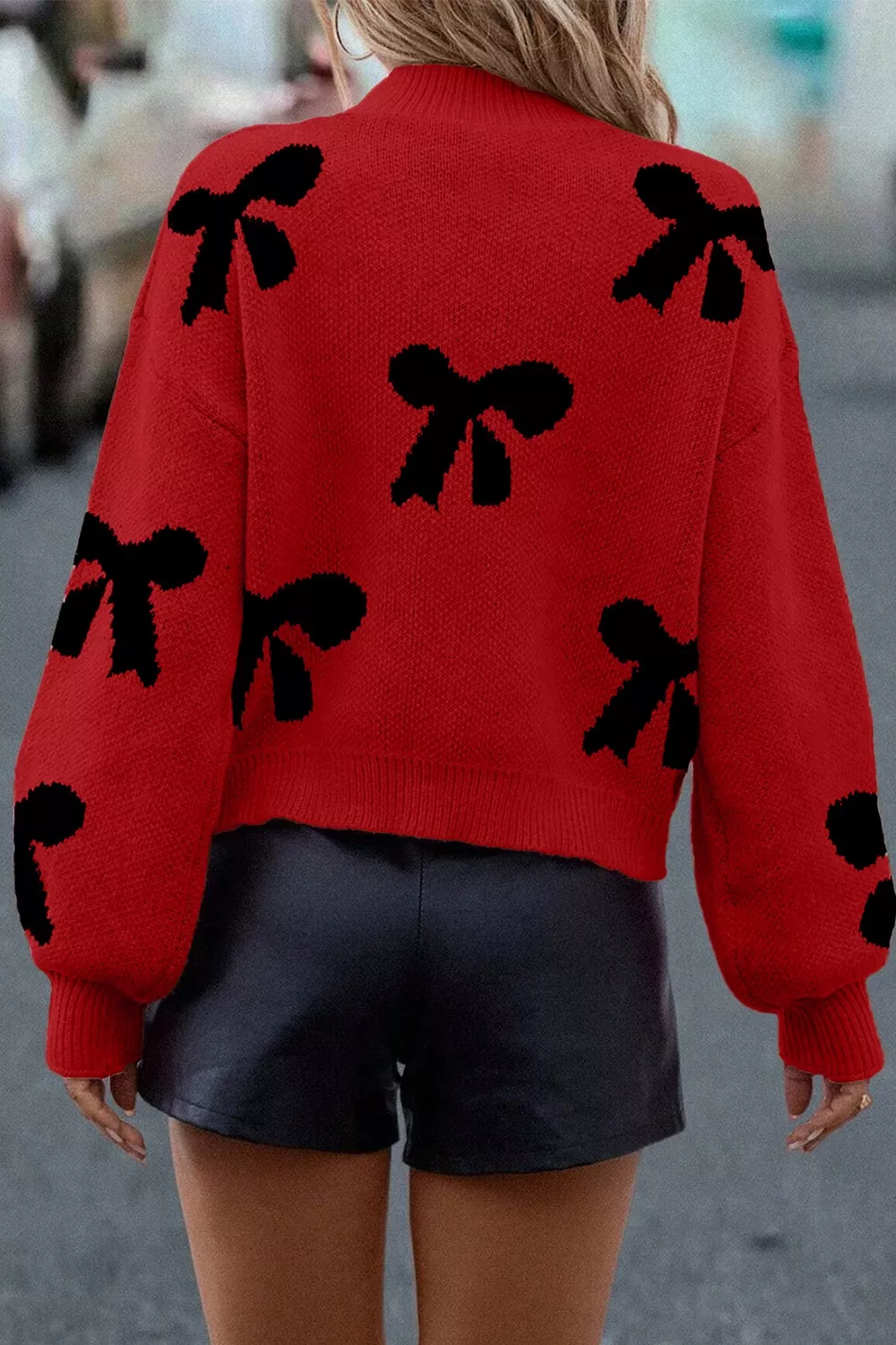 Round Neck Bow Pattern Pearl-Embellished Sweater - Image 2