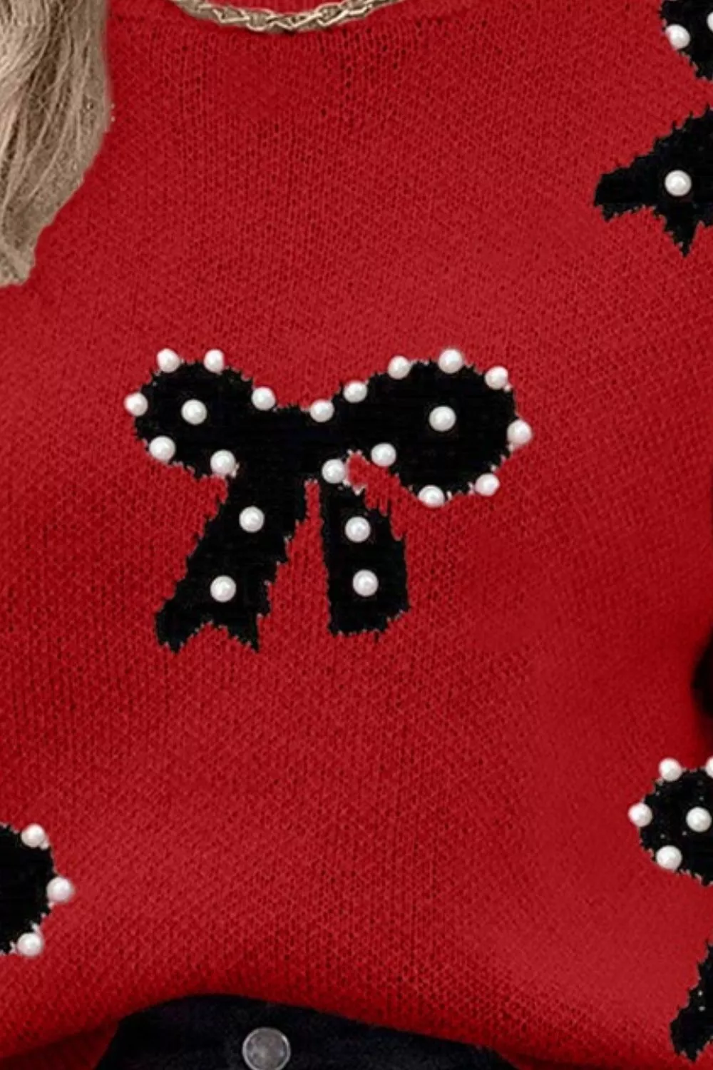 Round Neck Bow Pattern Pearl-Embellished Sweater - Image 3