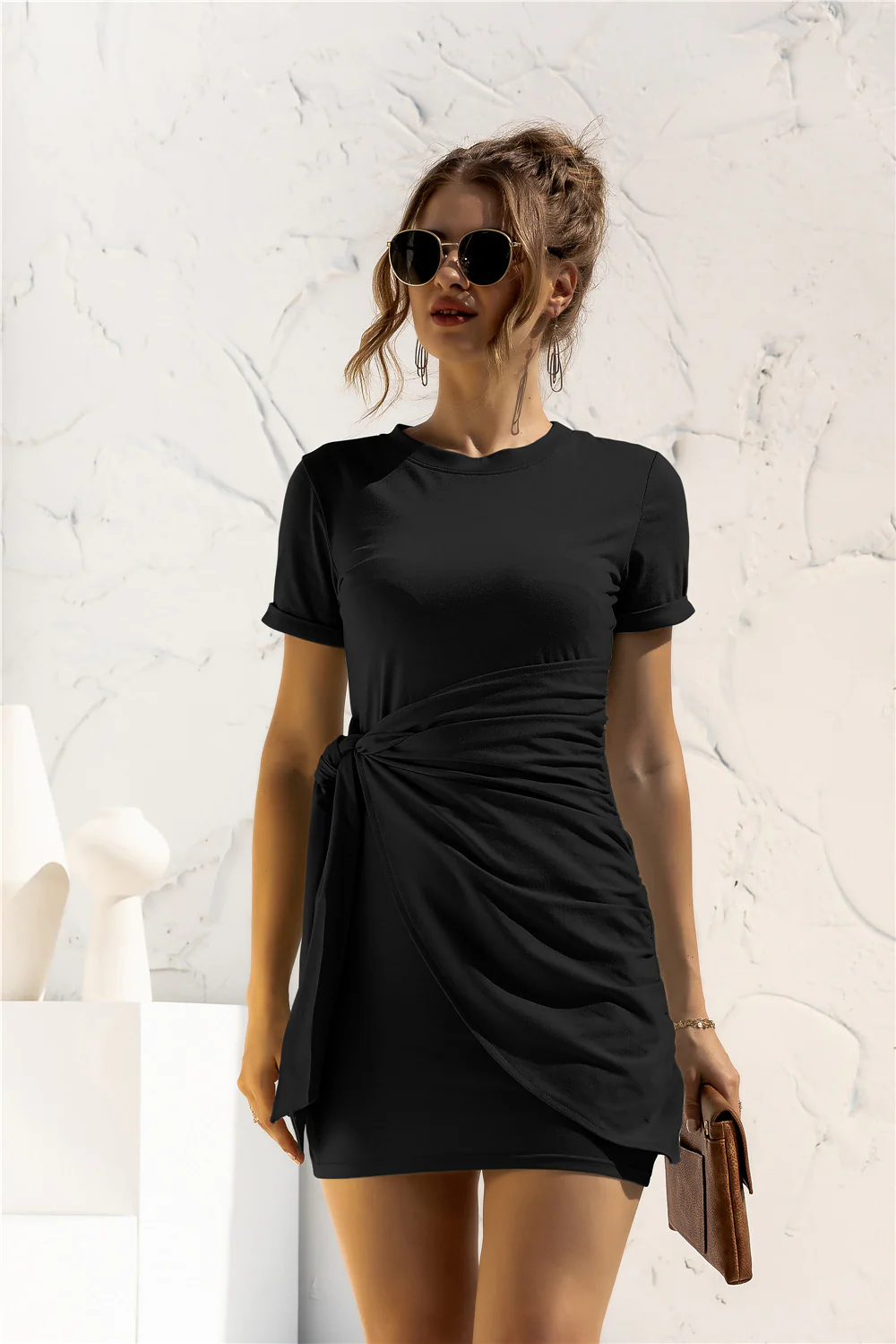 Round Neck Cuffed Sleeve Side Tie Dress - Image 5