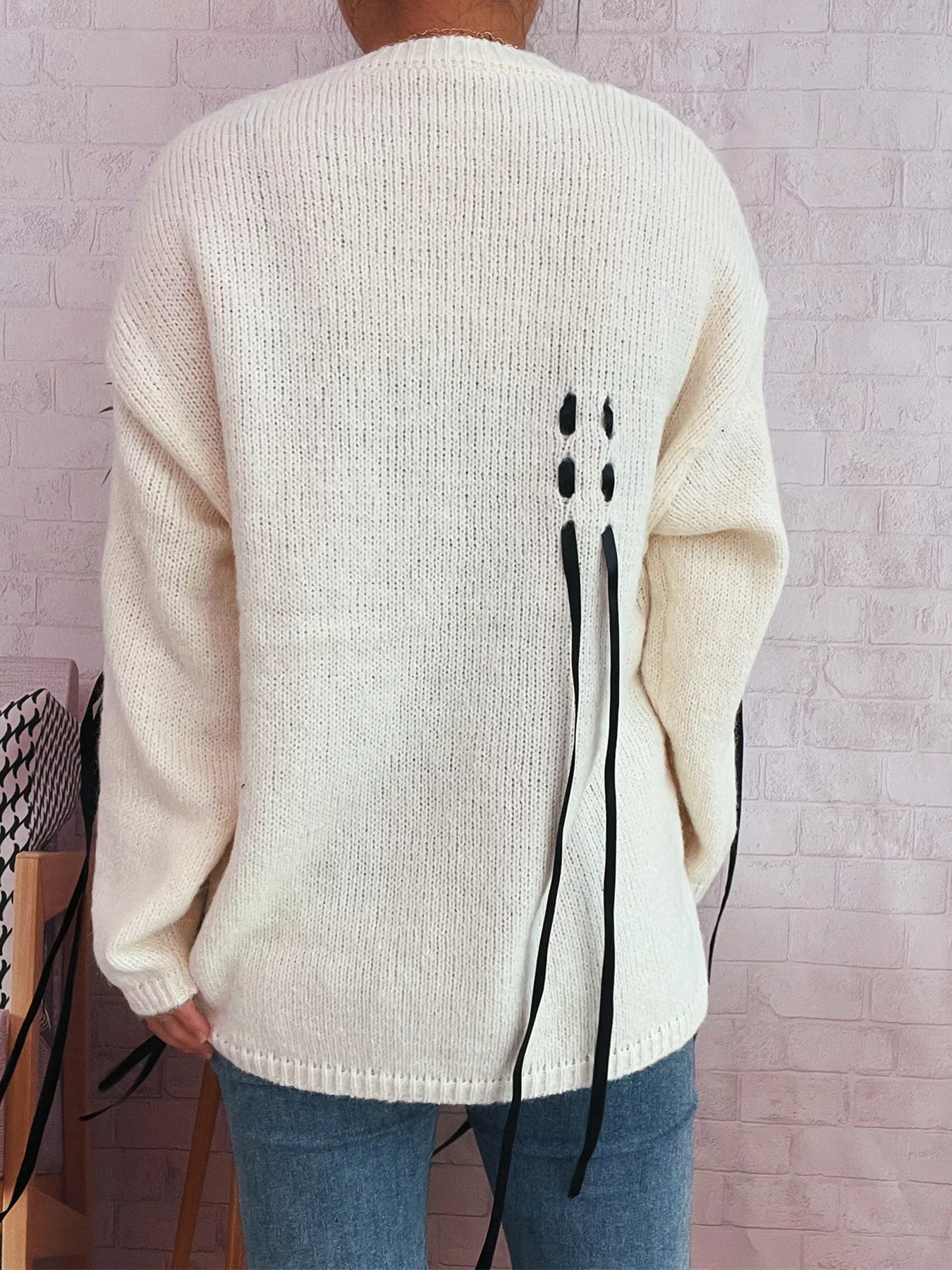 Round Neck Long Sleeve Sweater with Ribbon Details - Image 14