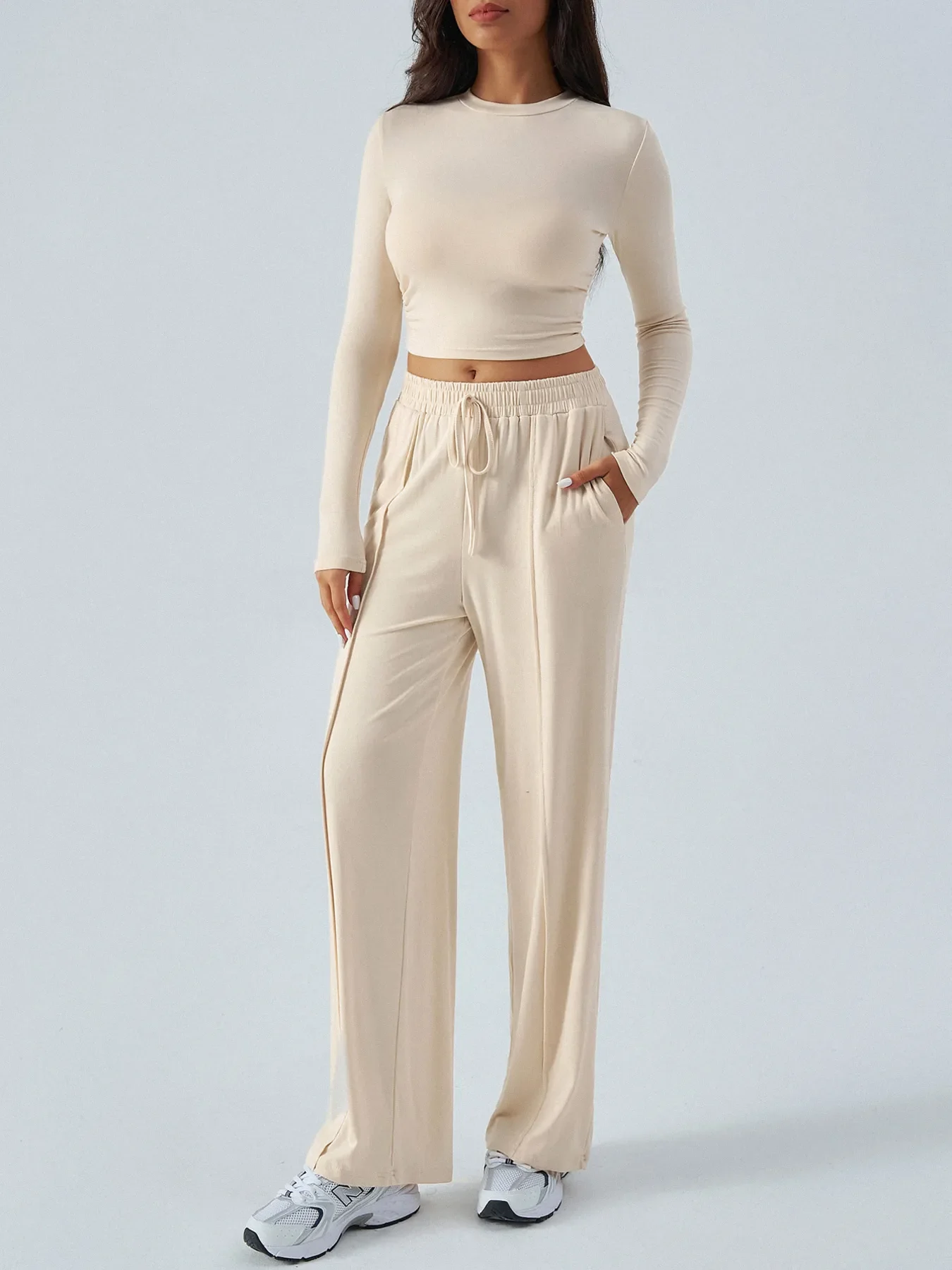 Round Neck Long Sleeve Top and Pants Set - Image 2