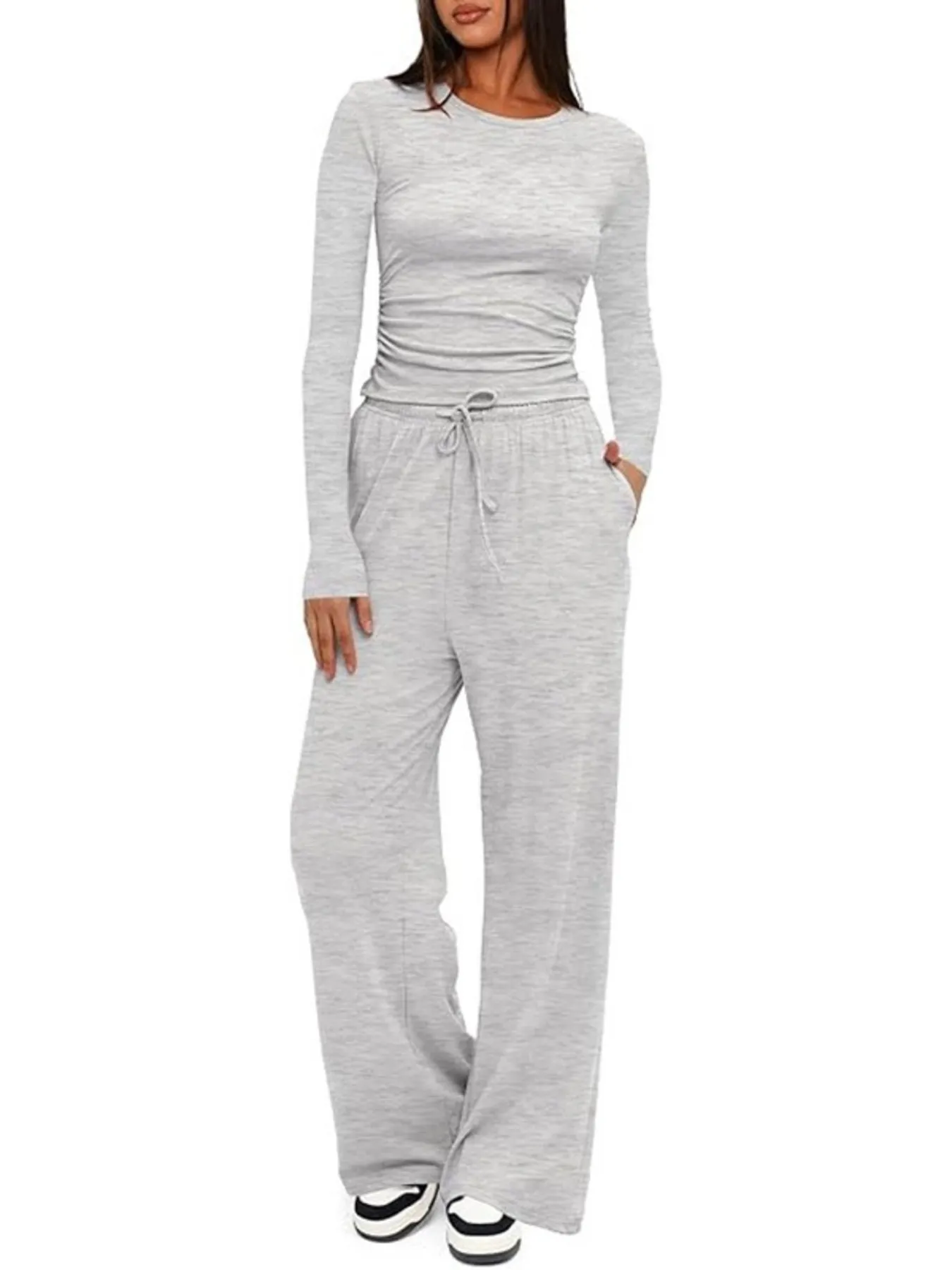 Round Neck Long Sleeve Top and Pants Set - Image 23