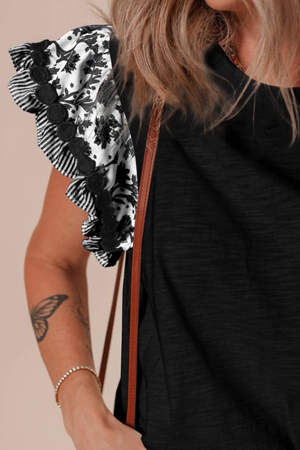 Round Neck Printed Ruffled Cap Sleeve Blouse - Image 3