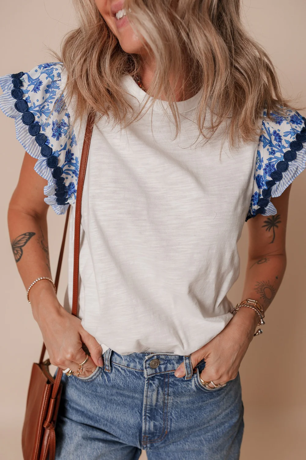 Round Neck Printed Ruffled Cap Sleeve Blouse - Image 4