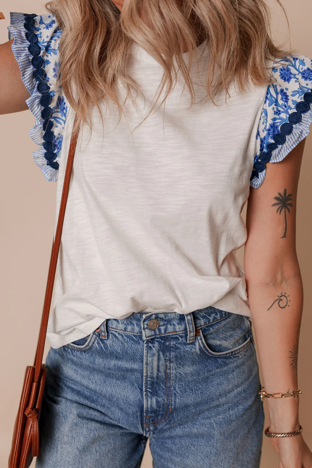 Round Neck Printed Ruffled Cap Sleeve Blouse - Image 6