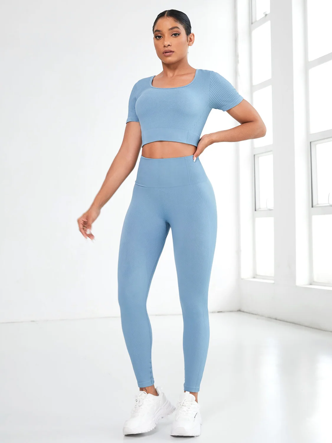 Round Neck Short Sleeve Top and Leggings Active Set - Image 5
