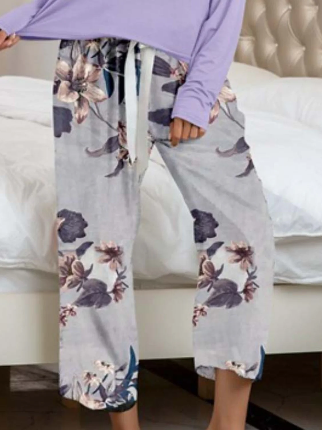 Round Neck Top and Printed Pants Lounge Set - Image 12