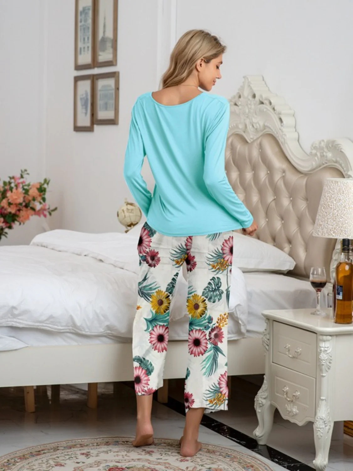 Round Neck Top and Printed Pants Lounge Set - Image 26