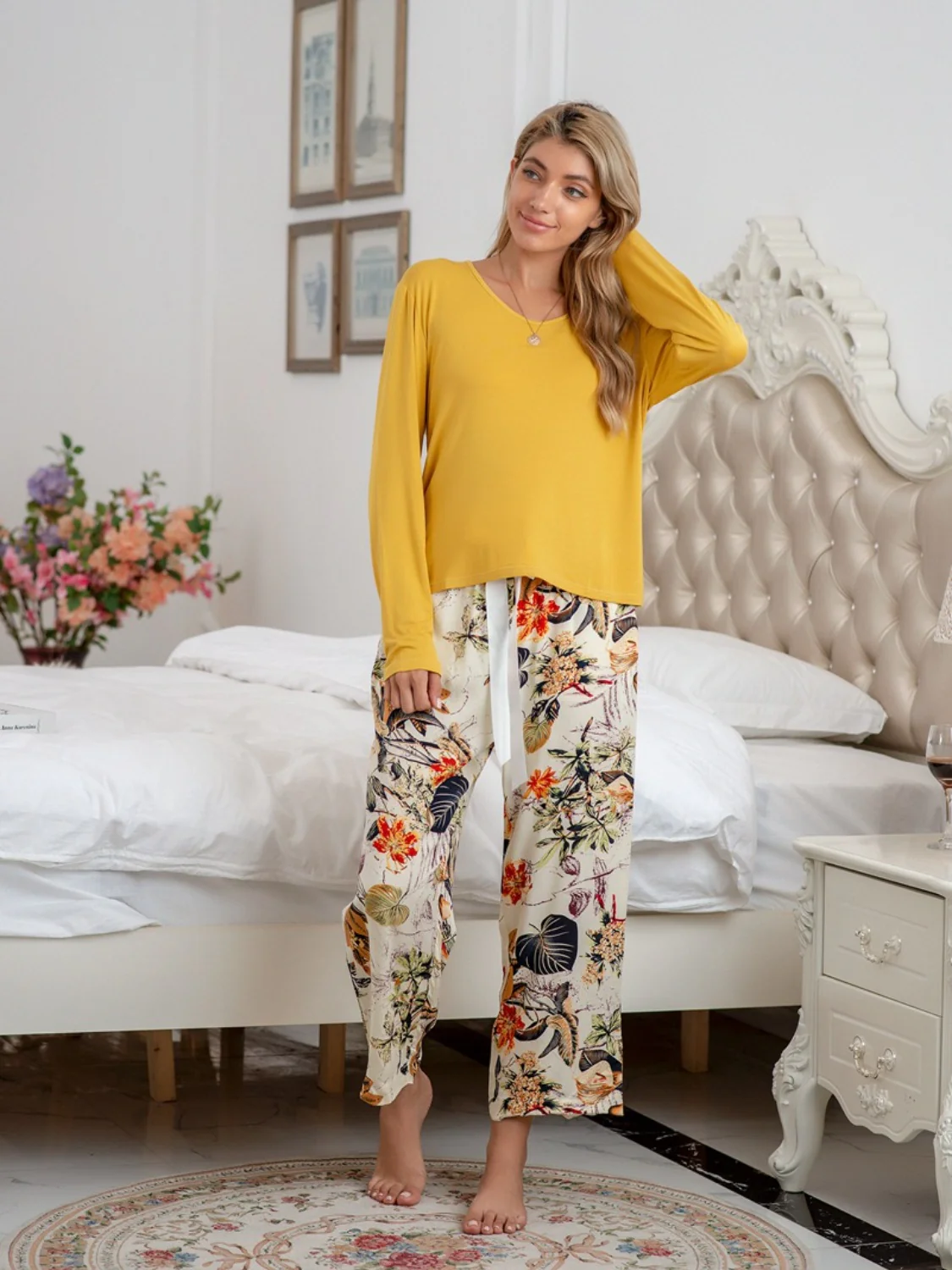 Round Neck Top and Printed Pants Lounge Set - Image 4