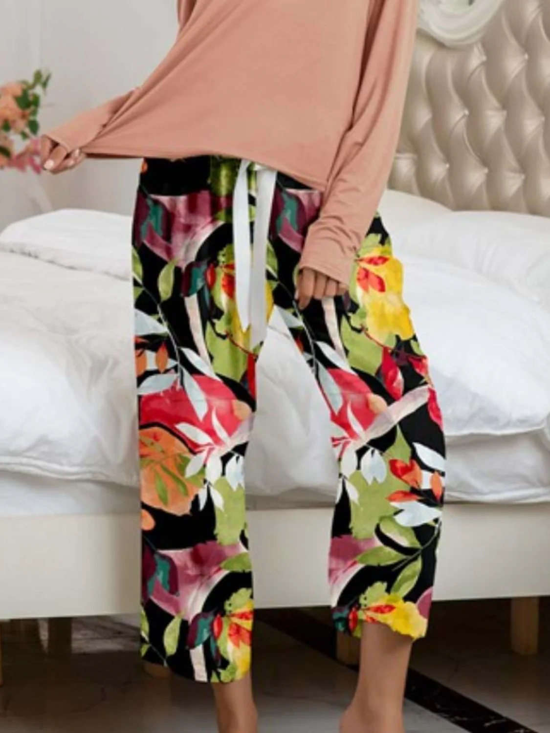 Round Neck Top and Printed Pants Lounge Set - Image 9