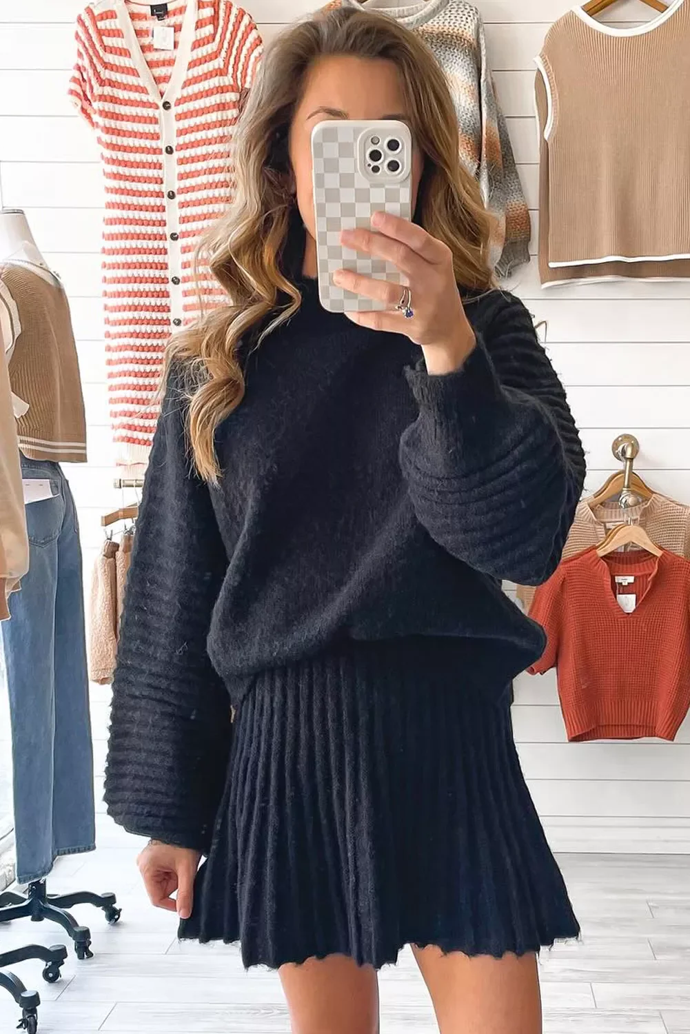 Round Neck Top and Skirt Sweater Set - Image 2