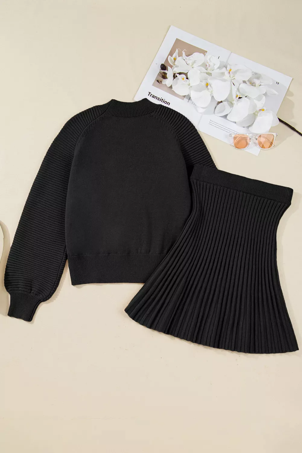 Round Neck Top and Skirt Sweater Set - Image 4