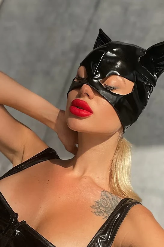 Black Wet-look Cat Cosplay Mask Latex Sexy Full Face Cat Mask