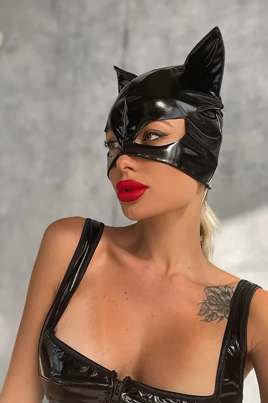 Black Wet-look Cat Cosplay Mask Latex Sexy Full Face Cat Mask - Image 6
