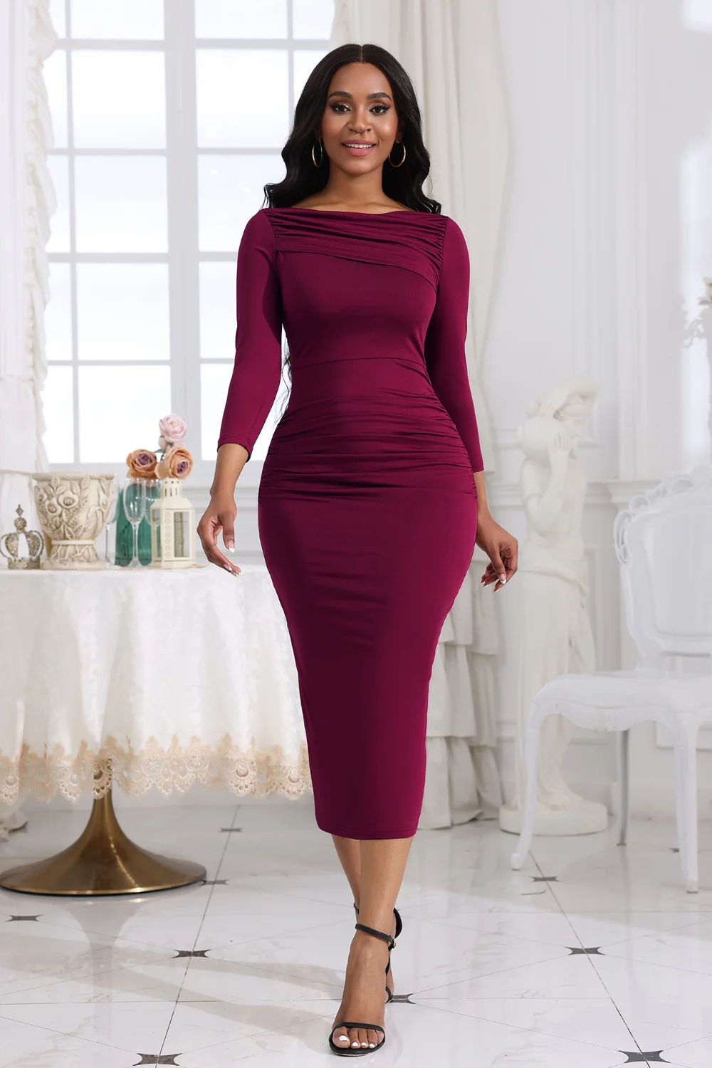 Ruched Boat Neck Midi Dress - Image 7